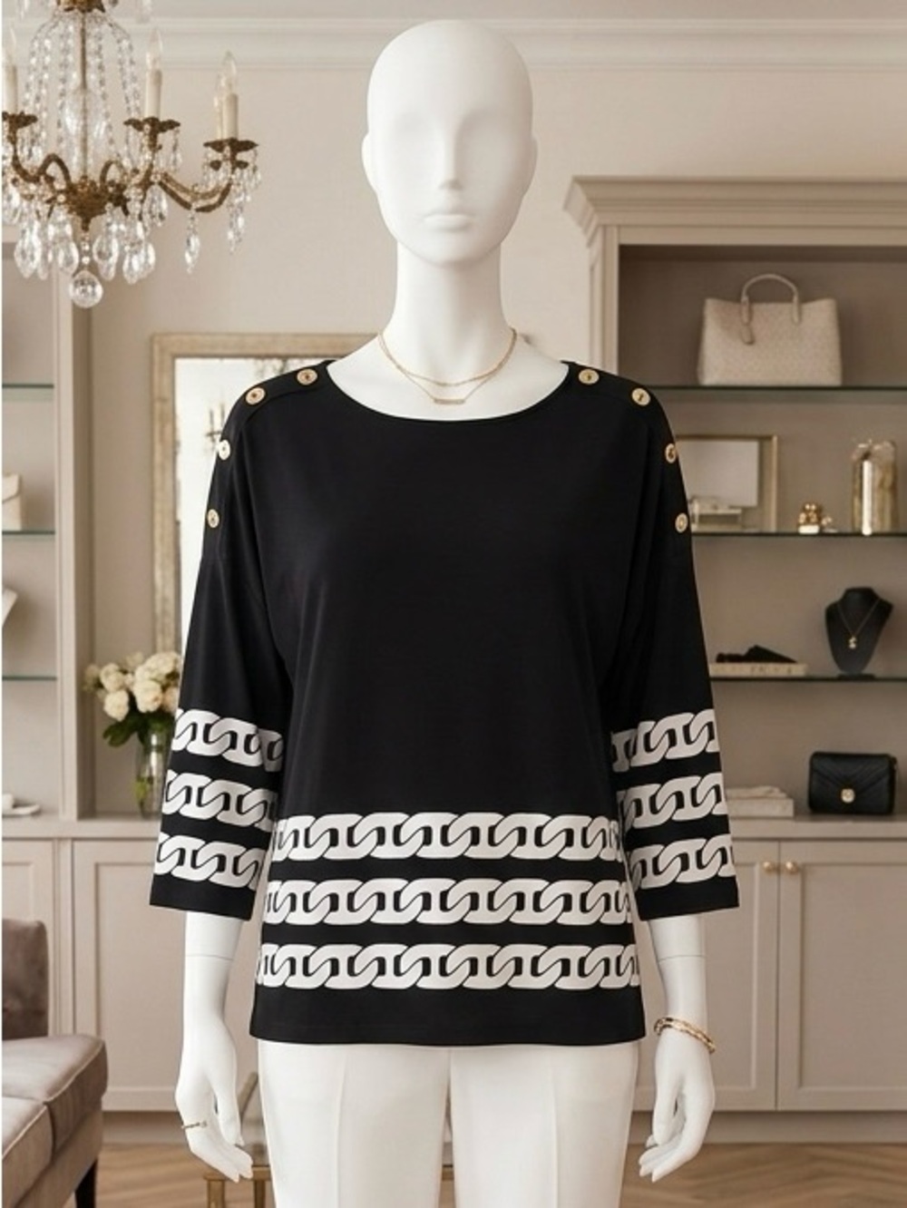 Chico's Black Chain-Stripe Button-Shoulder Top